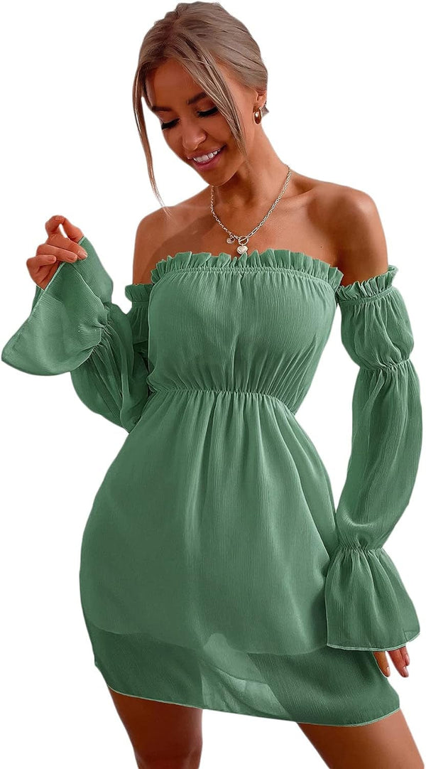 Women'S off Shoulder Ruched Mini a Line Dress Long Sleeve Ruffle Frill Short Dresses Green Large