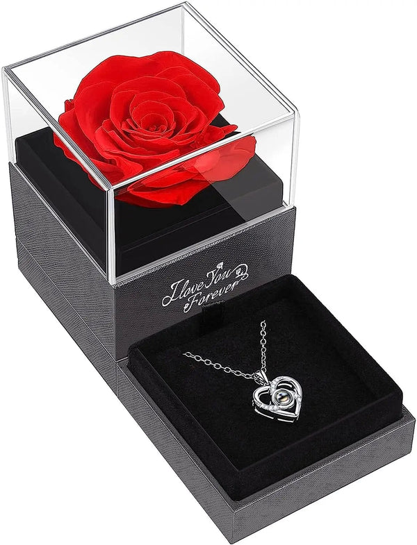 925 Sterling Silver Zirconia Necklace, Preserved Red Rose Flower, Gifts for Mom Wife Her Valentines, Christmas Birthday