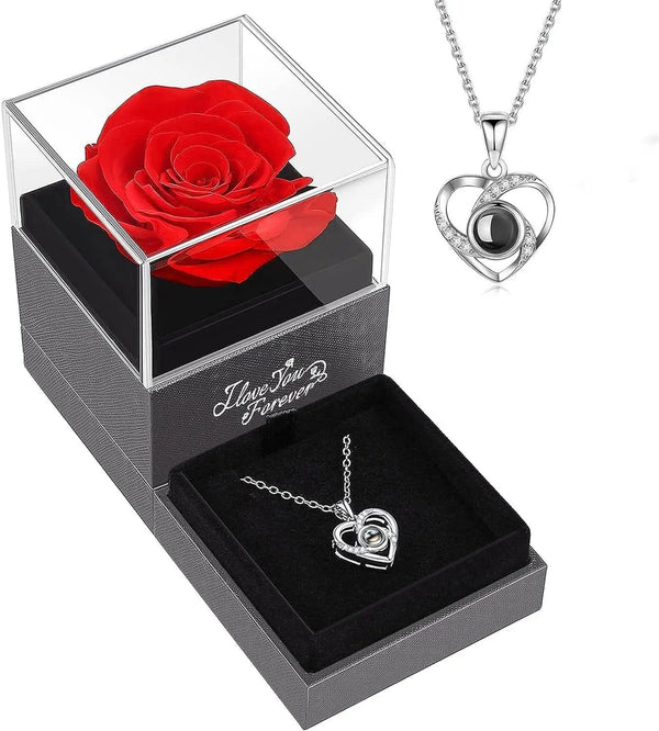 925 Sterling Silver Zirconia Necklace, Preserved Red Rose Flower, Gifts for Mom Wife Her Valentines, Christmas Birthday